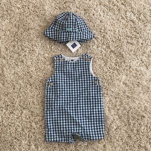 Janie and Jack baby boy 3-6 months romper plus matching hat.